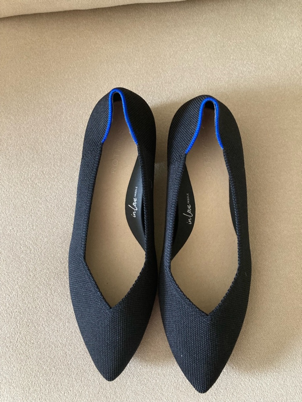 Rothy's Black Pointed Ballet Flats with Blue Accent - Picture 3 of 10